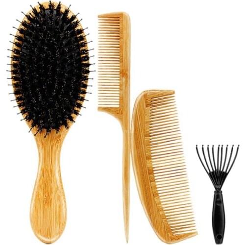 4Pcs Massage Comb Hair Brush Natural Bamboo Handle Boar Bristles Healthy Paddle Scalp Hairbrush Anti Static Hair Brush