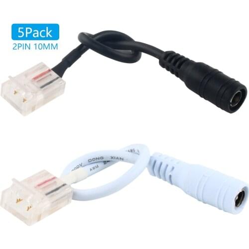 5pcs 10mm 2pin LED Strip Light PCB Connector Black / White DC Female Crystal Buckle Adapter for 5050 3528 2835 Single LED Strip