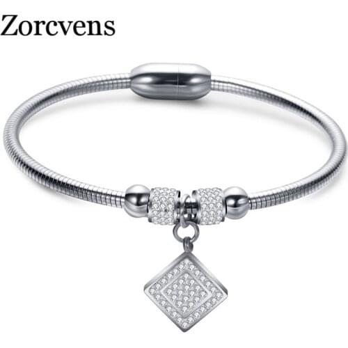 ZORCVENS New Stainless Steel Bracelets Bangles Cubic Zirconia Beads Charm Bracelet for Woman