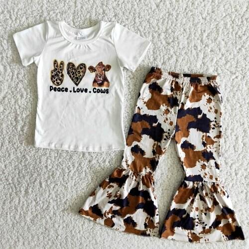Hot Sell Kids Summer Short Sleeve Outfit Toddler Girl Cute Letters Design Top Bells Suit Infants Cow Pettern Clothing Set