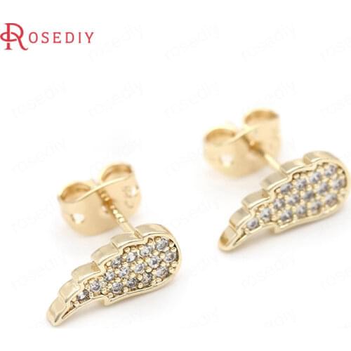 39479)4PCS 13x6MM 24K Gold Color Brass and Zircon Mini Wings Stud Earrings Pins Earrings Jewelry Making Diy Accessories