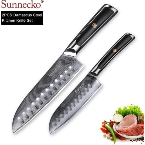 SUNNECKO 2PCS Kitchen Chef Knives Set Japanese Damascus VG10 Steel Razor Sharp Blade G10 Handle Santoku Utility Cutter Tools