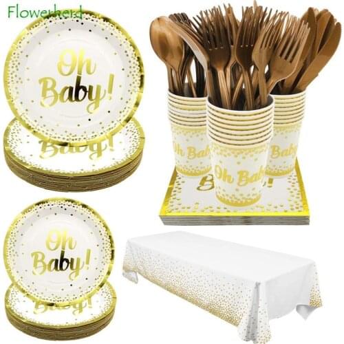 Gold Gender Reveal Party Supplies Disposable Dinnerware Set Plate Napkin Cup Knifves Fork Spoon Baby Shower Decor Birthday Party