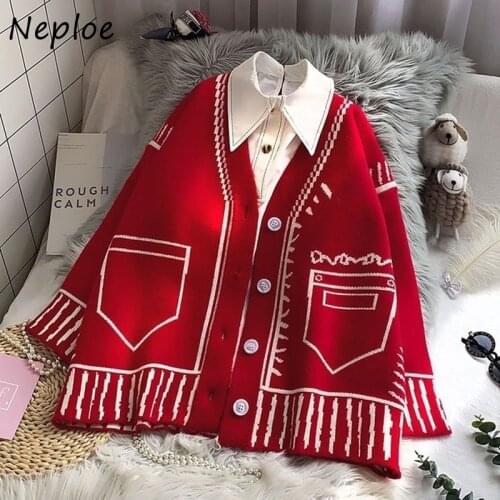 Neploe 2021 New Korean Chic Painted Cardigans Autumn Loose Knitted Swteaters Women V-neck Single Breasted Femme Jackets 1G849