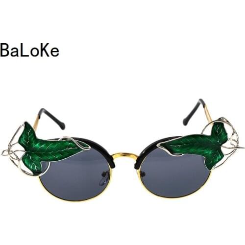 New Arrival Baroque Crystal Leaf Round Sunglasses Women Vintage Sun glasses Summer Vacation Party Ladies Beach Eye Ware