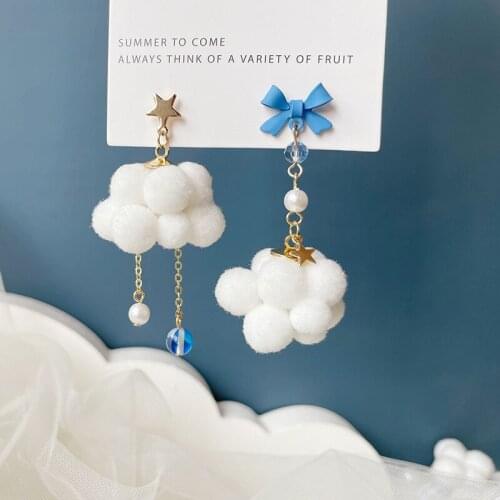 New Asymmetric White Cloud Earrings Pompons Cute Blue Bow New Girlish Heart Ear Studs Earrings Hole Sweet Cotton Clould Pom Ball