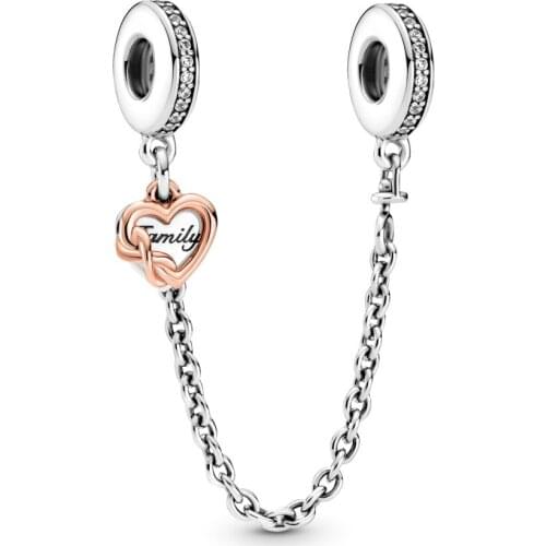 Fits Pandora Bracelet Original 925 Sterling Silver Family Heart Safety Chain Charm Beads for Jewelry Making Berloques