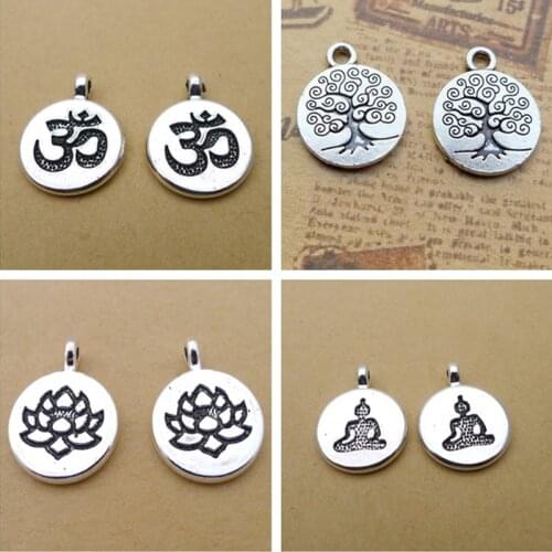 10pcs/lot Silver color Chakra Charm OM Buddha Lotus Pendants Fit Diy Jewelry Making Findings Yoga Bracelet Accessorie15*15mm