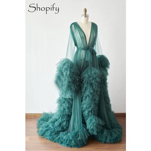 Fluffy African Pregnant Women Emerald Green Tulle Robe 2021 Long Sleeve Ruffles Maternity Dresses For Photo Shoot