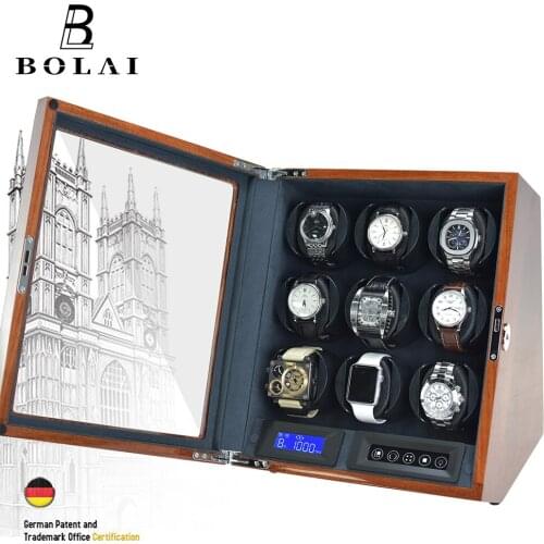 Luxury 9 Slot Automatic Watch Winder LCD Control Watches Storage Brown Glossy Lacquer Battery Powered Wooden Watch Box Gift