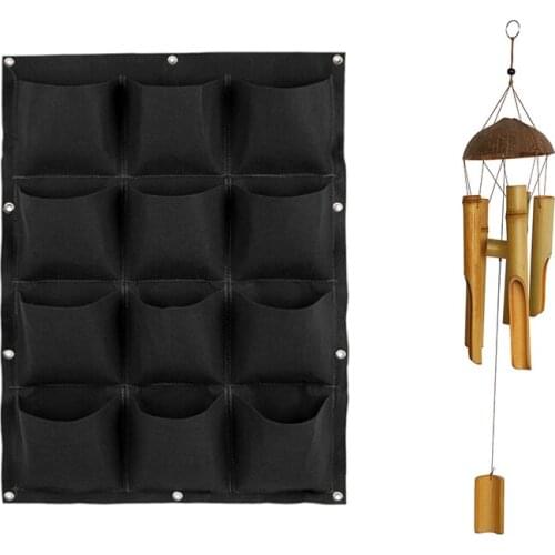 Garden Vertical Planter Multi Pocket Wall Mount Living Growing Bag Felt & Bamboo Wind Chimes