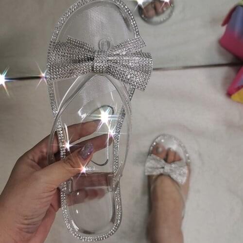 Summer Ladies Slippers Women Shoes Crystal Cute Bow Flat Heel Female Flip Flops Beautiful Woman Beach Slippers Summer Sandals