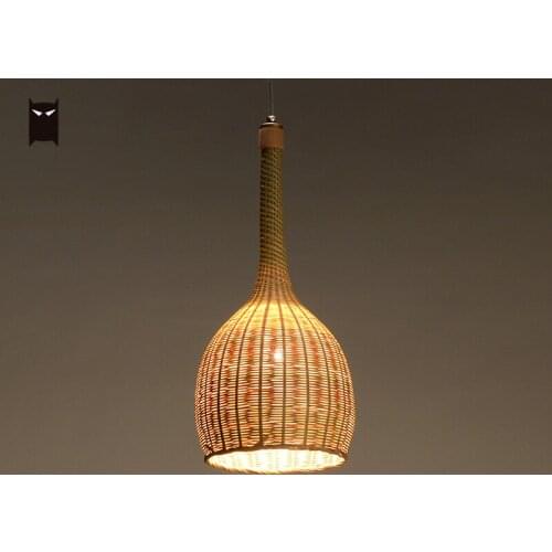 Delicate Bamboo Wicker Rattan Long Calabash Pendant Light Fixture Japanese Pastoral Style Hanging Ceiling Lamp for Dining Room