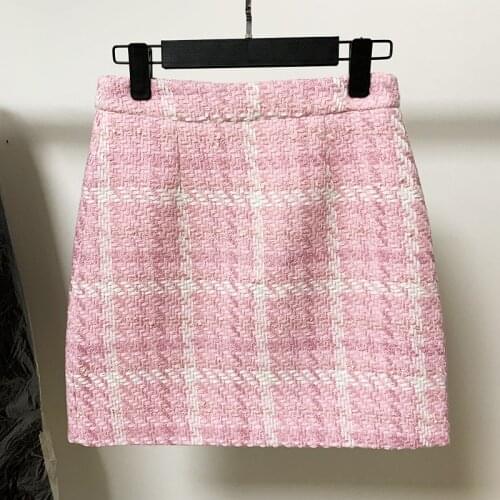 New Designer Tweed Plaid Pink Skirt Women Autumn Winter 2021 Weave Woolen Tweed Office Ladies Mini Skirt Thick High Quality