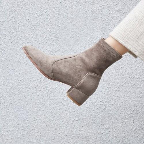 Women elastic fabric Boots suede short boots fashion Handmade Classic pointed toe Sheepskin insole all-match