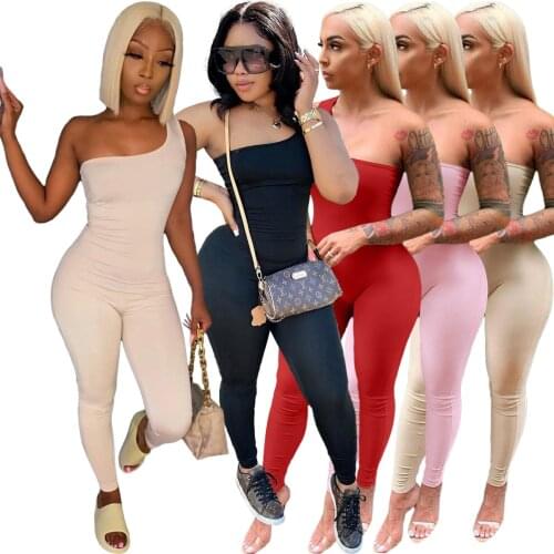 Sexy One Shoulder Long Jumpsuit Women Sleeveless Casual Rompers 2021 Summer Spring Solid One Piece Outfit Bodycon Jumpsuit
