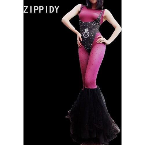 Fashion Black Purple Rhinestones Spandex Jumpsuit big Leggings Bar Dancer Show Bodysuit Nightclub Women Singer Clothes