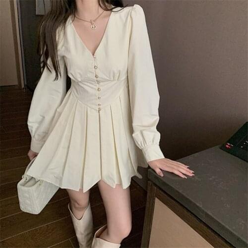 French Long-Sleeved Front Buttons Dress Women Autumn 2020 New Korean Style V Neck Pleated Short Dresses