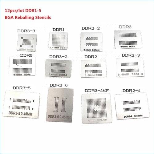 12Pcs/Set DDR Stencils For DDR1 DDR2 DDR2-2 DDR2-3 DDR3-2 DDR3-3 DDR3-4 DDR5 Direct heating BGA Soldering Reballing Kit