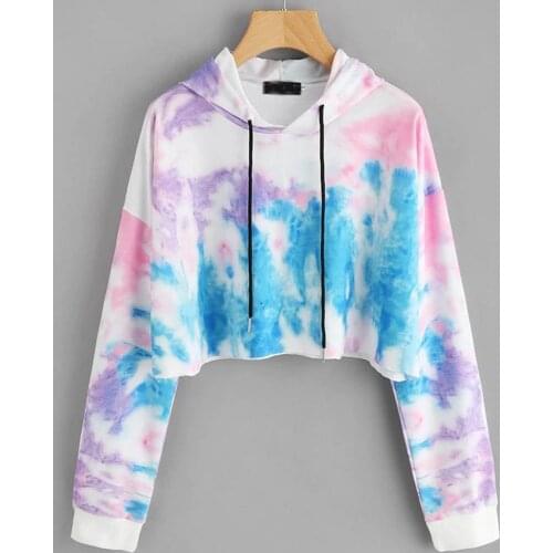40@ Tie Dye Print Cropped Hoodies Women Colorful Long Sleeve Hoodies Drawstring Sweatershirt Crop Top Streetwear Pullovers