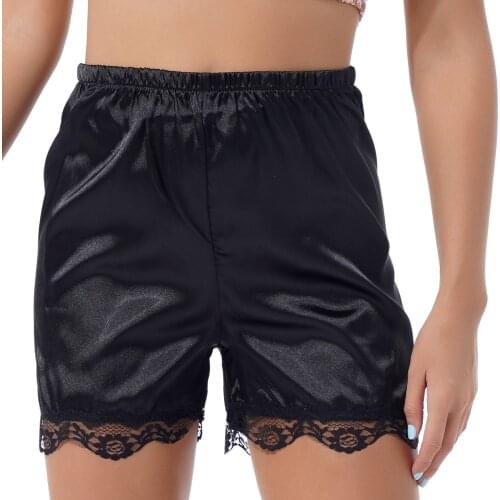 Women Lady Girls Lace Trim Satin Shorts Pyjama Sleep Bottoms Mid Waist Waistband Short Pants Nightwear Homewear Sleepwear