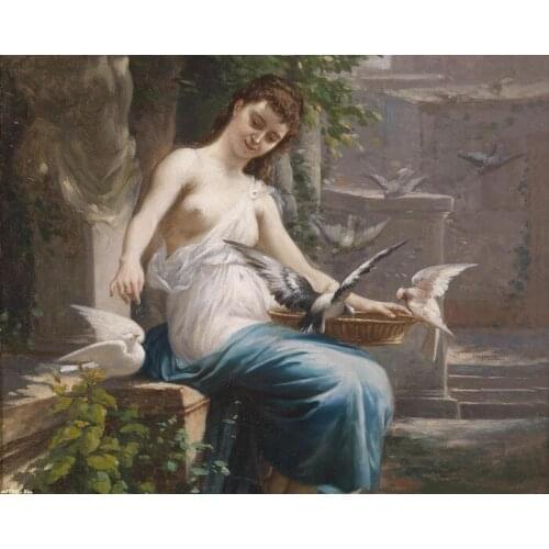 Free shipping classical nude art sexy women feeding pigeons oil painting canvas prints printed on canvas art decoration pictures