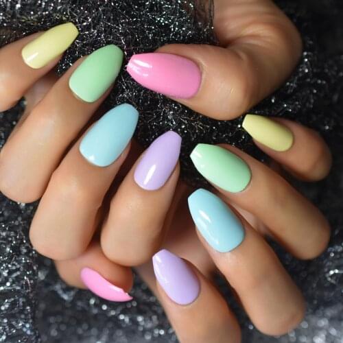 Shiny Candy Colorful Press on Fake Nail Coffin Designs False Nails Yellow Blue Purple Full Cover Wear Nail Art Tips for Women