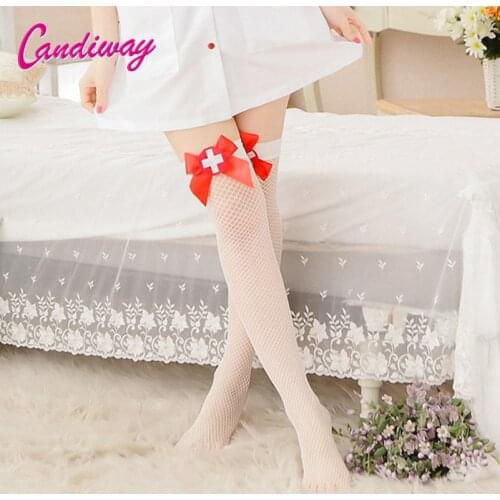 Candiway Amazing Fashion Sexy Women Lace Mesh Thin Thigh High Stockings White Nurse Pantyhose Stockings Costumes & Accessories
