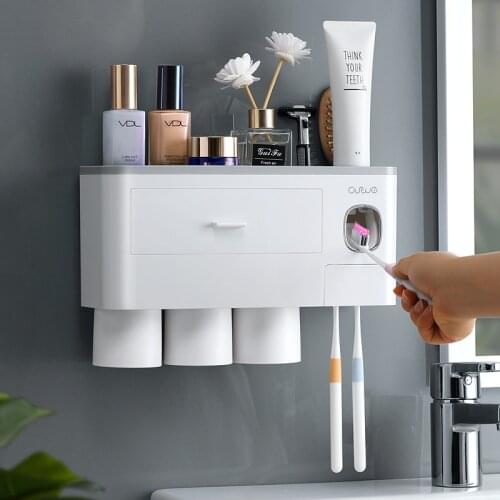 Toothbrush Holder Toothpaste Squeezer Dispenser Magnetic Adsorption Cups Rack Punch Free Easy Install Bathroom Shelf 2/3/4 Cups