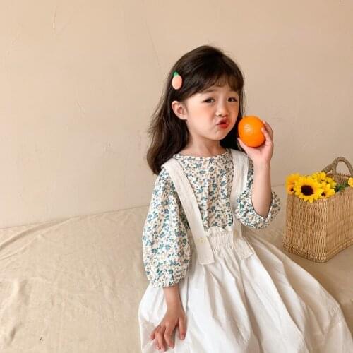Children Wear 2021 Spring and Autumn New Girls Floral Top Childrens Korean Pure Frill Suspender Solid Simple Dress