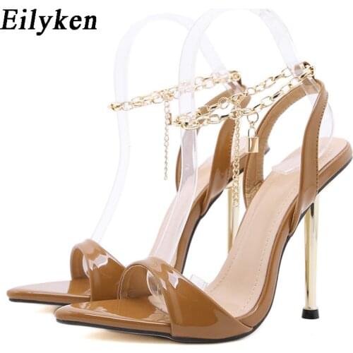 Eilyken 2021 New Fashion Chain Ankle Buckle Strap Sandals Women Sexy Pointed Toe Metal Thin High Heels Female Wedding Shoes
