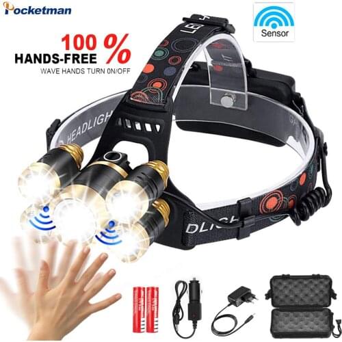 T6 Super Bright Sensor Headlight with 50000LM Waterproof Headlamp Portable LED lantern Head Lamp Head Torch Head light by 18650