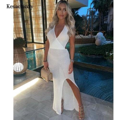Kesiachiccly White Sexy Beach Dress Women Hollow Out Backless Cover Up Knitted Midi Dresses Summer See Through Split Sexy Dress