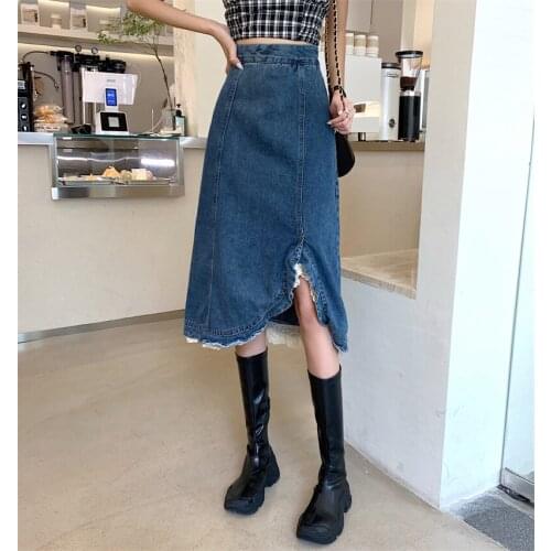 Chinas new female skirt personality fashion trend high waist in the long irregular lace stitching cowboy skirt