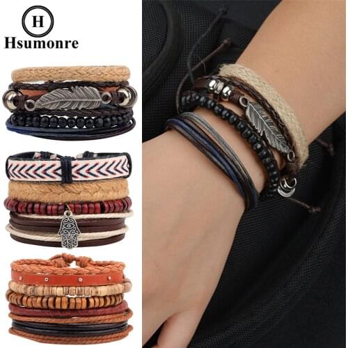 Men Multi-layer Wrap Bracelets Boho Linen Braided Feather Charm Bracelet Slipknot Brown Leather Retro Wristbands Beaded Braclets