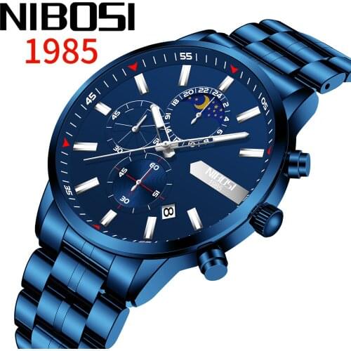 NIBOSI 2021 New Man Watch Blue Stainless Steel Waterproof Luxury Wristwatch Luminous Star Sun Moon Auto Date Business Watch