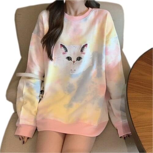 New spring 2021 womens Hoodie progressive tie-dye printed Cat Jumper Long-sleeved Womens winter sweatshirt