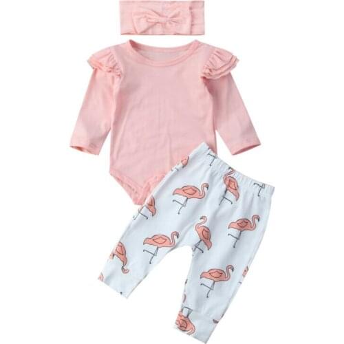 Baby Girls Clothes Solid Ruffled Long sleeve Jumpsuit Flamingo Print Pant with Headband 3pcs Set