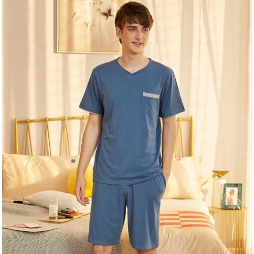 2020 Summer Short Sleeve Cotton Pajama Sets for Men V-neck modal Sleepwear Male Homewear Pijama Hombre Lounge Home Clothes