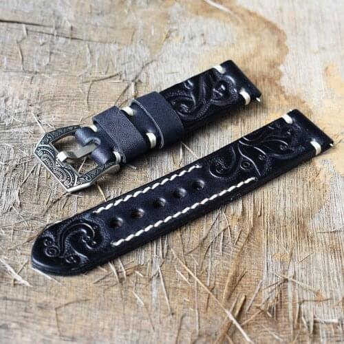 Vintage Watch Strap Carved Embossed Watch Band Handmade Watchband 22mm Carved Buckle Engraved Clasp for Watch Accessories