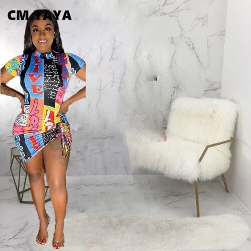 CM.YAYA Women Dress Shirring Print Half High Collar Short Sleeve Elastic Bodycon Mini Dresses Sexy Night Party Dress Summer 2021