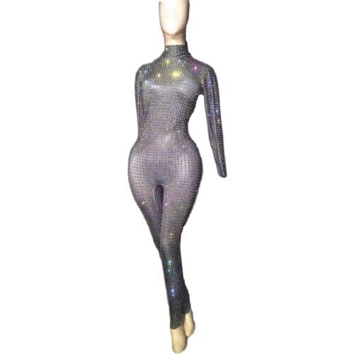 Sparkling Rhinestone Jumpsuit Crystal Skinny Bodysuit Women Party Latin Dance Outfit Club Stage Catwalk Show Costume