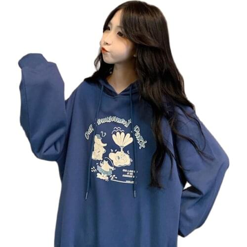 Vintage Cartoon Print Oversized Hoodies Women Spring Autumn Harajuku Kawaii Long Sleeve Pullovers Tops Schoolgirl Cute Clothes