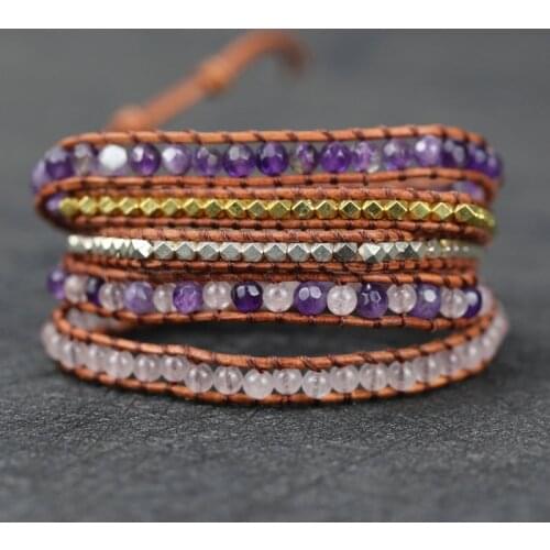 High quality Natural Stones Amethyst 5 Strands lovers Wrap Bracelets friendship Handmade braid Boho jewelry drop shipping