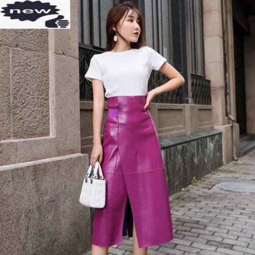 Women Fashion Purple High Waist Calf Party A-Line 100% Sheepskin Real Leather Skirt Office Ladies Wrap Mid Long Skirts