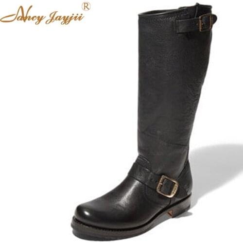Women Fashion Pu Leather Shorter Knee-High Shaft Ankle Buckle Boots Ideal For Petite Customers Outdoor&Snow Plus Size 4-16