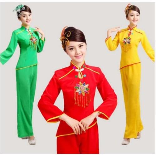 Women sequined yangko dance costumes red\green\yellow long sleeves fan waist drum Middle-aged group national square dance