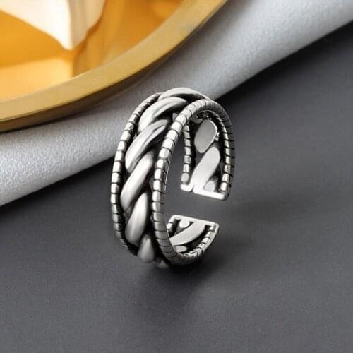 KOFSAC Trendy 925 Sterling Silver Ring For Women Jewelry Open Size Vintage Imitation Hemp Rope Three Row Rings Lady Chic Gift