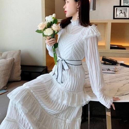 White Chiffon Dress Fancy Elegant Quality High End Lady Good Long Vintage Design Lantern Sleeve Robe Longue Vestido Largo