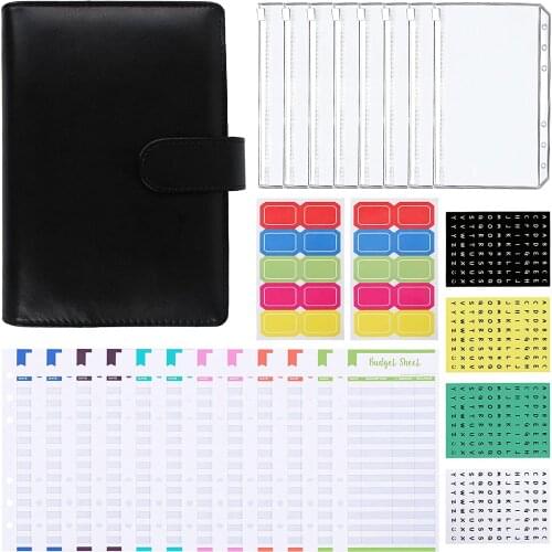 27 Pcs A6 PU Leather Budget Binder Cover with 8Pcs Binder Pockets, 12Pcs Expense Budget Sheets, 4Pcs Alphabet Stickers